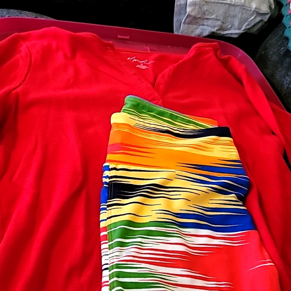 Lularoe OS leggings with 2 Kim Rogers shirts. One small. One large.